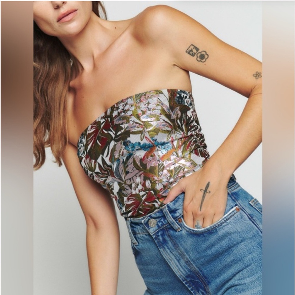 Reformation Metallic Floral Strapless Tube Top - Silver Multi